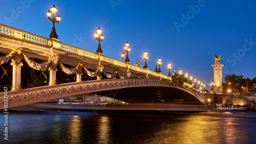 Panoramic view of the Pont Alexandre III bridge illuminated in evening with the Seine River. 8th Arrondissement, Paris, France © Francois Roux