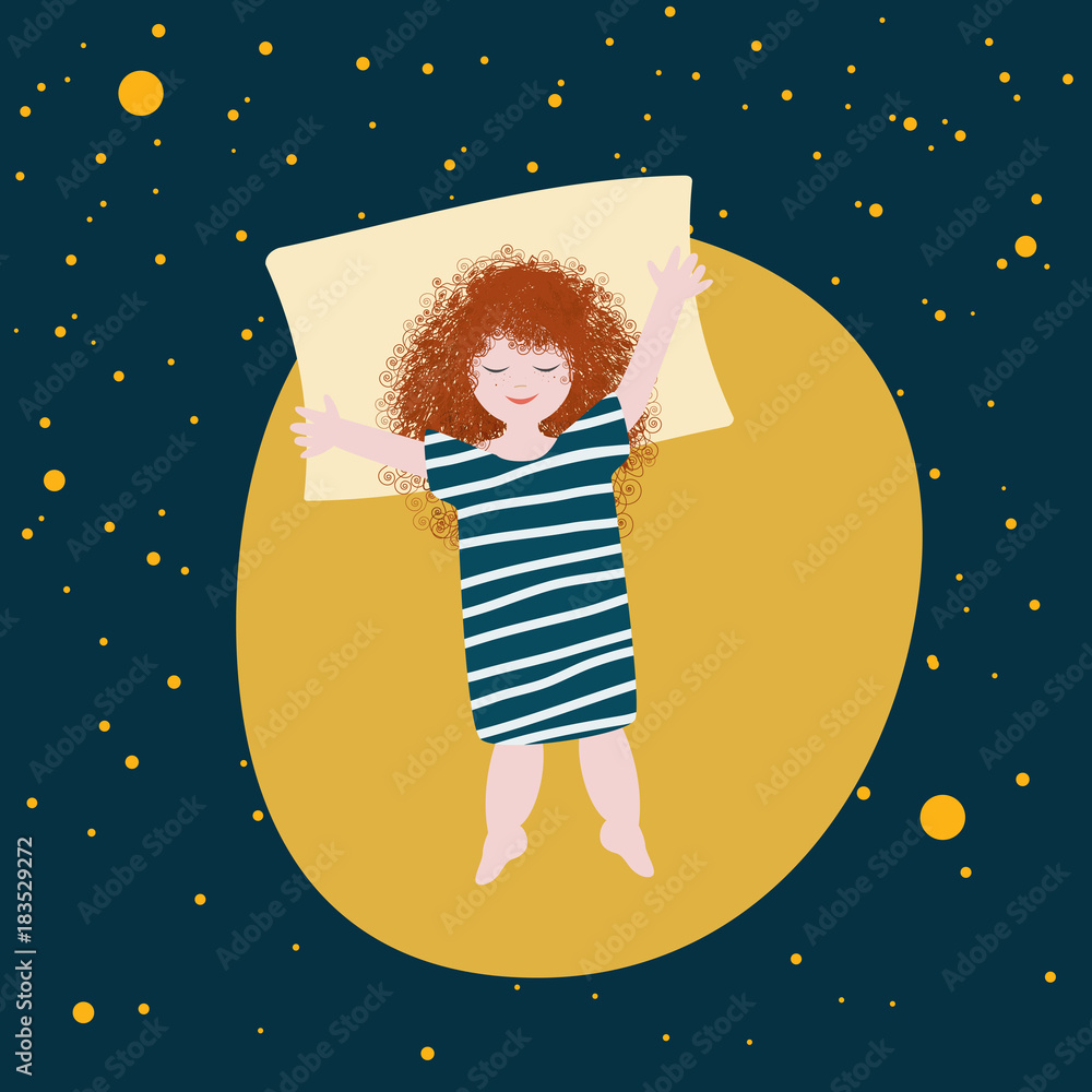 Fototapeta premium Cute girl lying on the moon. Fantasy illustration. Flat cartoon.