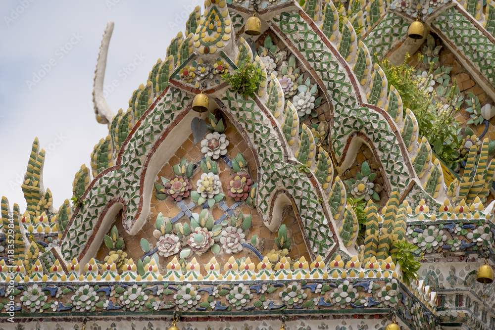 Detail of Flower Carvings at Wat Arun Temple, Bangkok, Thailand