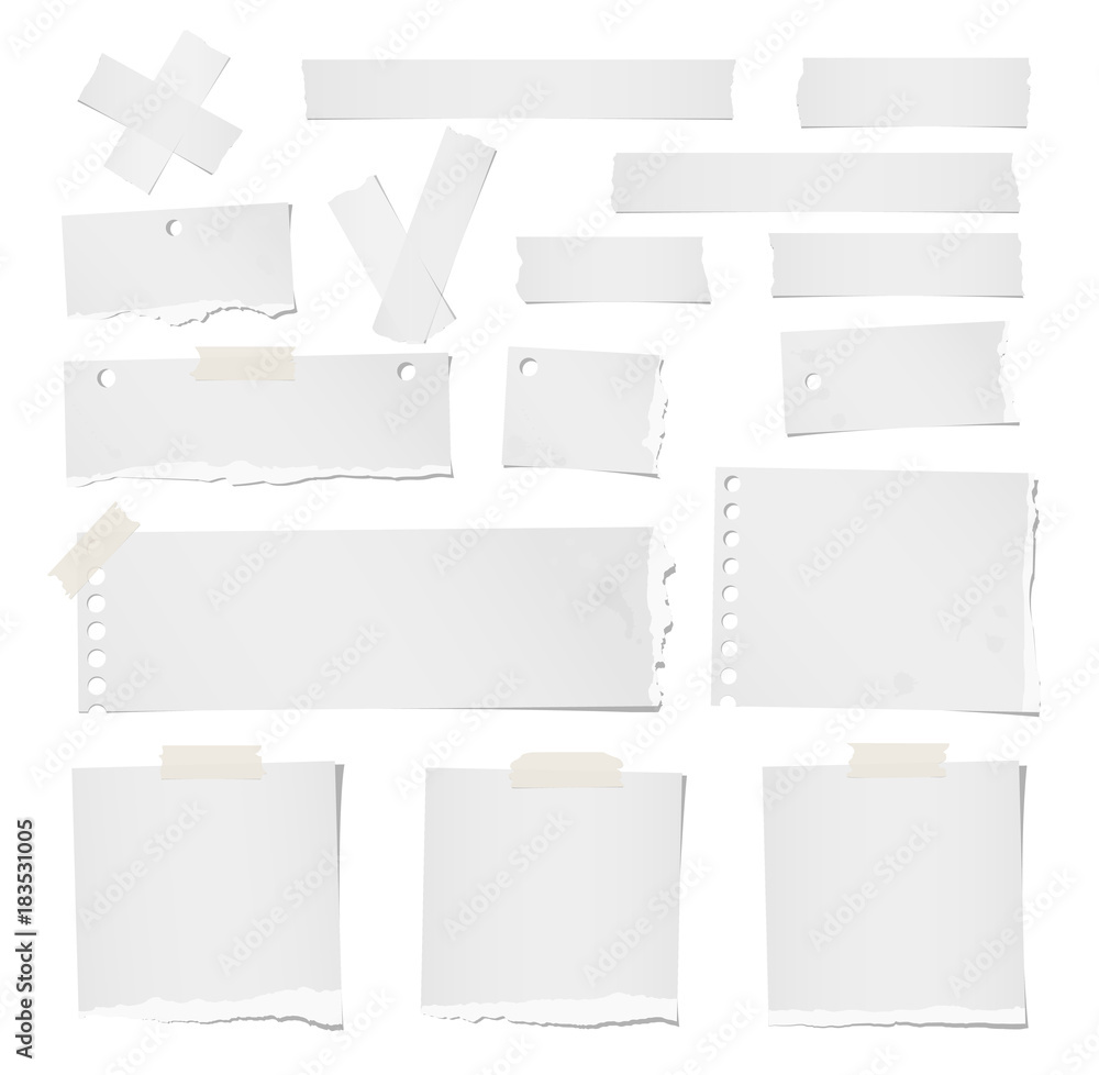 Ripped blank note, notebook, adhesive, masking tape paper for text or message stuck on white background - obrazy, fototapety, plakaty 