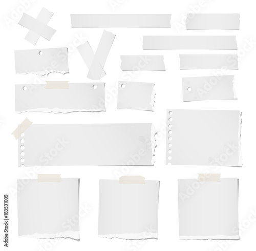Ripped blank note, notebook, adhesive, masking tape paper for text or message stuck on white background