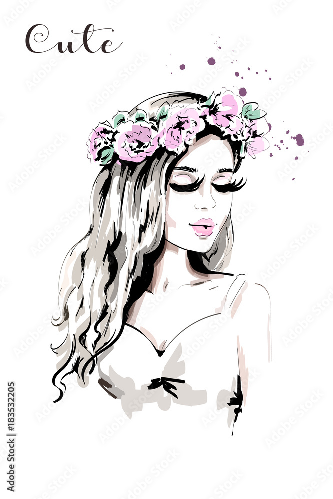 Beautiful young woman with flower wreath in her hair. Hand drawn woman  portrait with curly hair. Cute girl. Sketch. Stock Vector | Adobe Stock