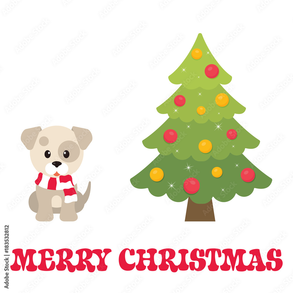 Naklejka premium cartoon winter dog with fir tree and text