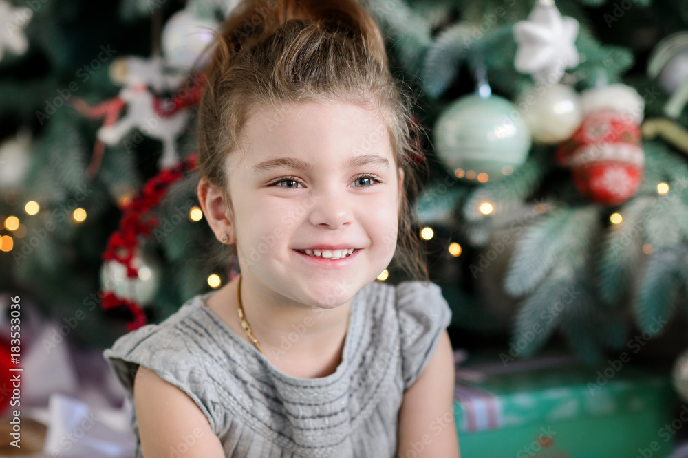 Merry Christmas celebration. Beautiful little girl in a amazing dress near the Christmas tree. Christmas miracles. Happy New Year Merry Christmas celebration. Beautiful little girl in a amazing dress near the Christmas tree. Christmas miracles. Happy New Year