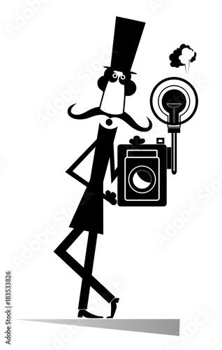 Retro photographer man isolated. Cartoon mustache photographer in the top makes a photo
