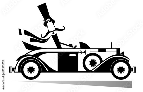 Mustache man drives a retro car isolated. Smiling mustache man in the top hat drives a retro car 
