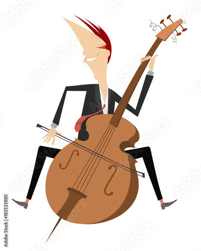 Cartoon smiling cellist isolated. Smiling cellist is playing music with inspiration 
