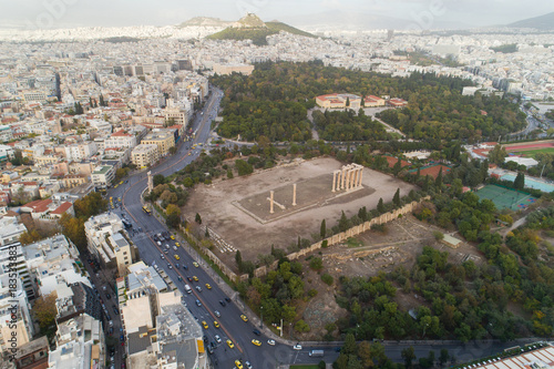 aerial view of Temple of Zeus at Olympia in Athens and modern part of the city