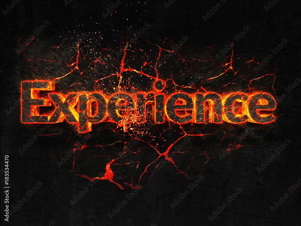 Experience Fire text flame burning hot lava explosion background.
