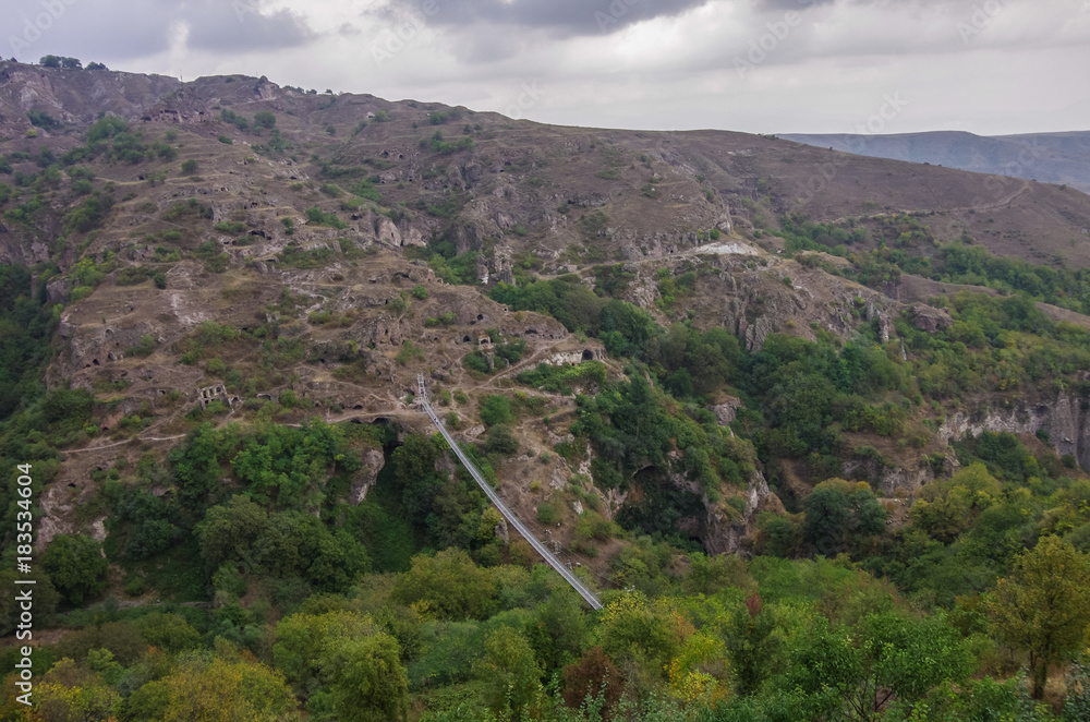 Khndzoresk Swinging Bridge. Suspension bridge over the gorge near Goris village. Armenia