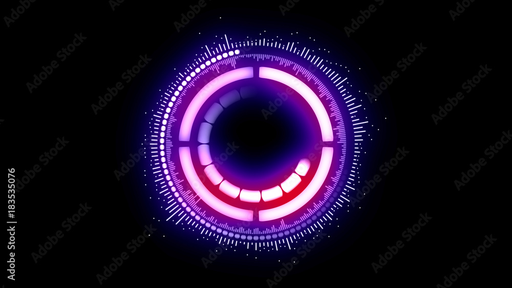 Abstract futuristic motion graphic round mechanism, created from several different parts, locked together, that glows with red and blue color. Abstract futuristic motion graphic round mechanism, created from several different parts, locked together, that glows with red and blue color.