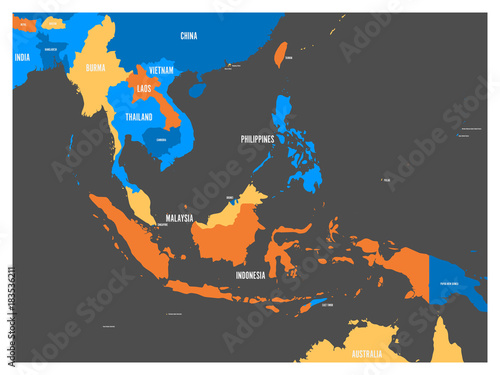 South East Asia political map in four colors with white country names labels. Simple flat vector illustration.