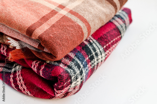 Colorful warm winter scarfs close up