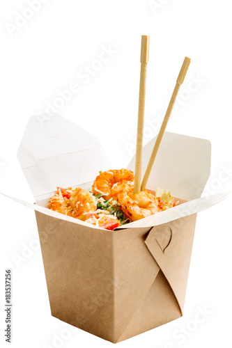 Opened WOK paper box of salad with shrimps and chopsticks