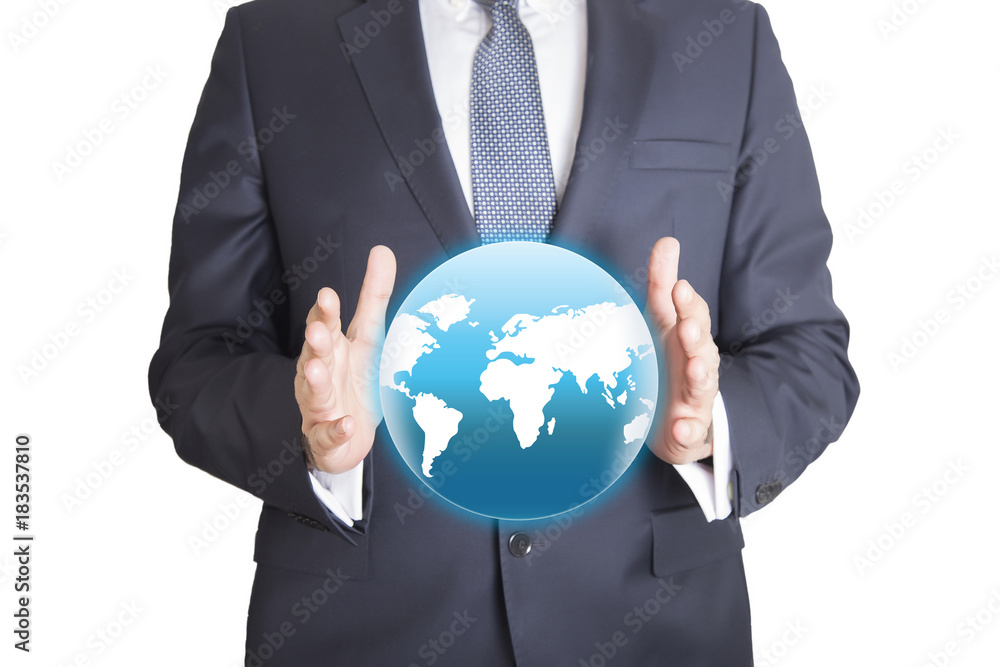World global business technology concept, businessman holding a glowing global communication, connected World global business technology concept, businessman holding a glowing global communication, connected