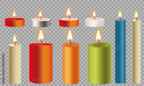 3d set realistic paraffin candles isolated on transparent background. Vector illustration