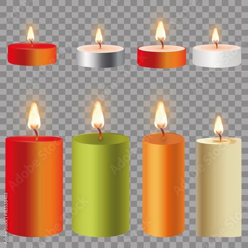 3d set realistic paraffin candles isolated on transparent background. Vector illustration