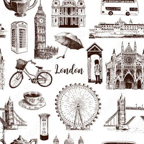 Tapety Londyńskie symbole architektoniczne ręcznie rysowane wektor wzór szkic. Big Ben, Tower Bridge, czerwony autobus, skrzynka pocztowa, skrzynka wywoławcza. Katedra Świętego Pawła