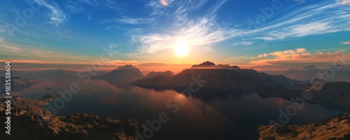 sunset over the lake in the mountains, panorama of the mountain landscape 
