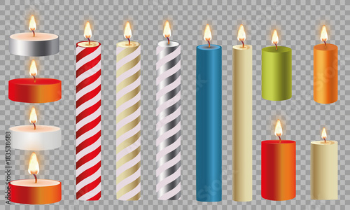 3d set realistic paraffin candles isolated on transparent background. Vector illustration