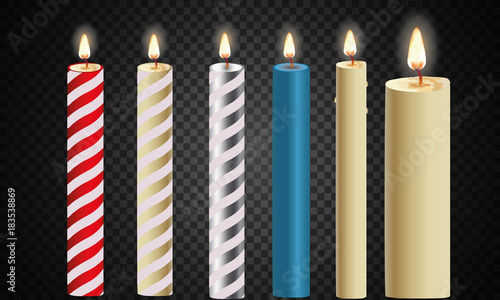 3d set realistic paraffin candles isolated on transparent background. Vector illustration