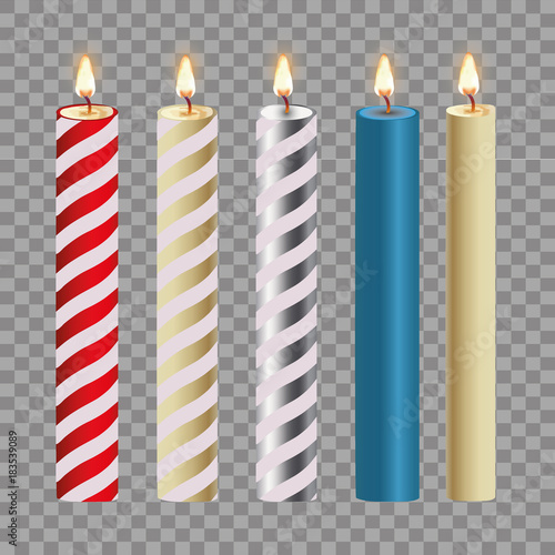3d set realistic paraffin candles isolated on transparent background. Vector illustration