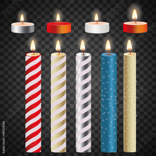 3d set realistic paraffin candles isolated on transparent background. Vector illustration