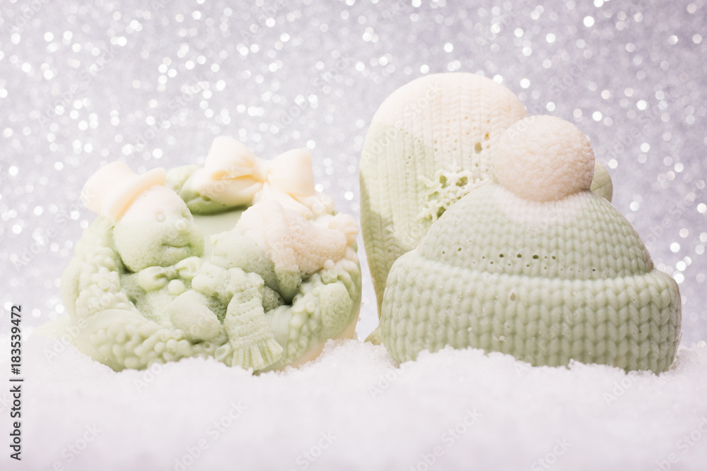 Fototapeta premium soap Handmade on a brilliant Christmas background