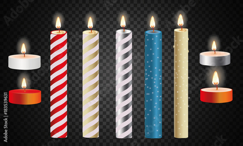 3d set realistic paraffin candles isolated on transparent background. Vector illustration