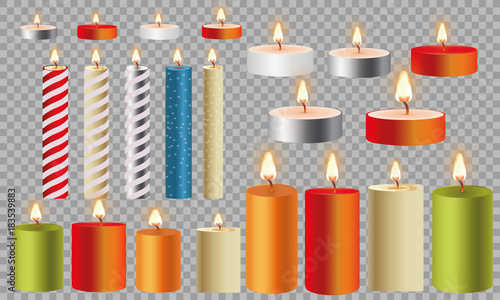 3d set realistic paraffin candles isolated on transparent background. Vector illustration