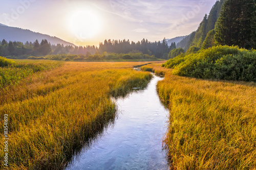 Beautiful sunset landscape in Zelenci Springs nature reserve near the town of Kranjska Gora, Slovenia. Small river with clear water. Unspoiled natural beauty