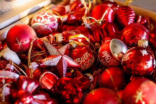 red christmas baubles background