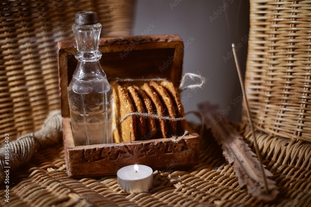 Oatmeal cookies, tied with a jute rope in a wooden box. Rustic retro style Oatmeal cookies, tied with a jute rope in a wooden box. Rustic retro style