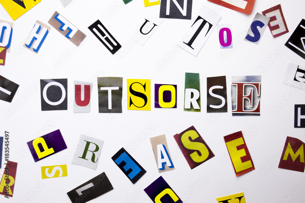 A word writing text showing concept of Outsorse made of different magazine newspaper letter for Business case on the white background with copy space