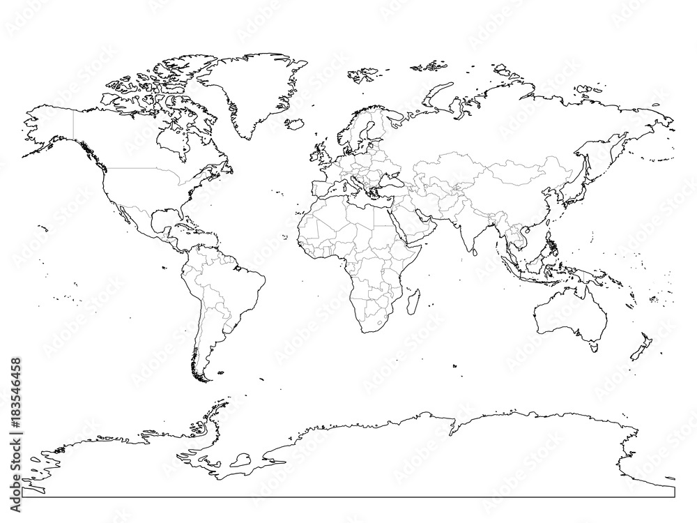 World map outline. Thin country borders and thick land contour on white ...