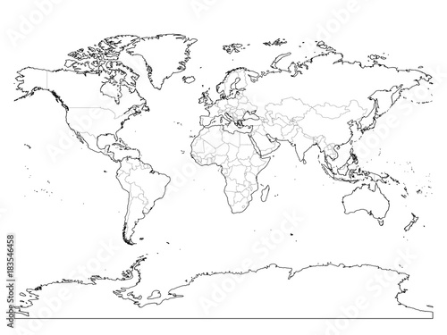 World map outline. Thin country borders and thick land contour on white background. Simple high detail line vector wireframe.