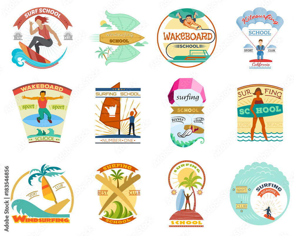 Surfing school vector set surfboard wakeboard windsurfing emblems surf ...