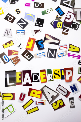 A word writing text showing concept of Leadership made of different magazine newspaper letter for Business case on the white background with copy space