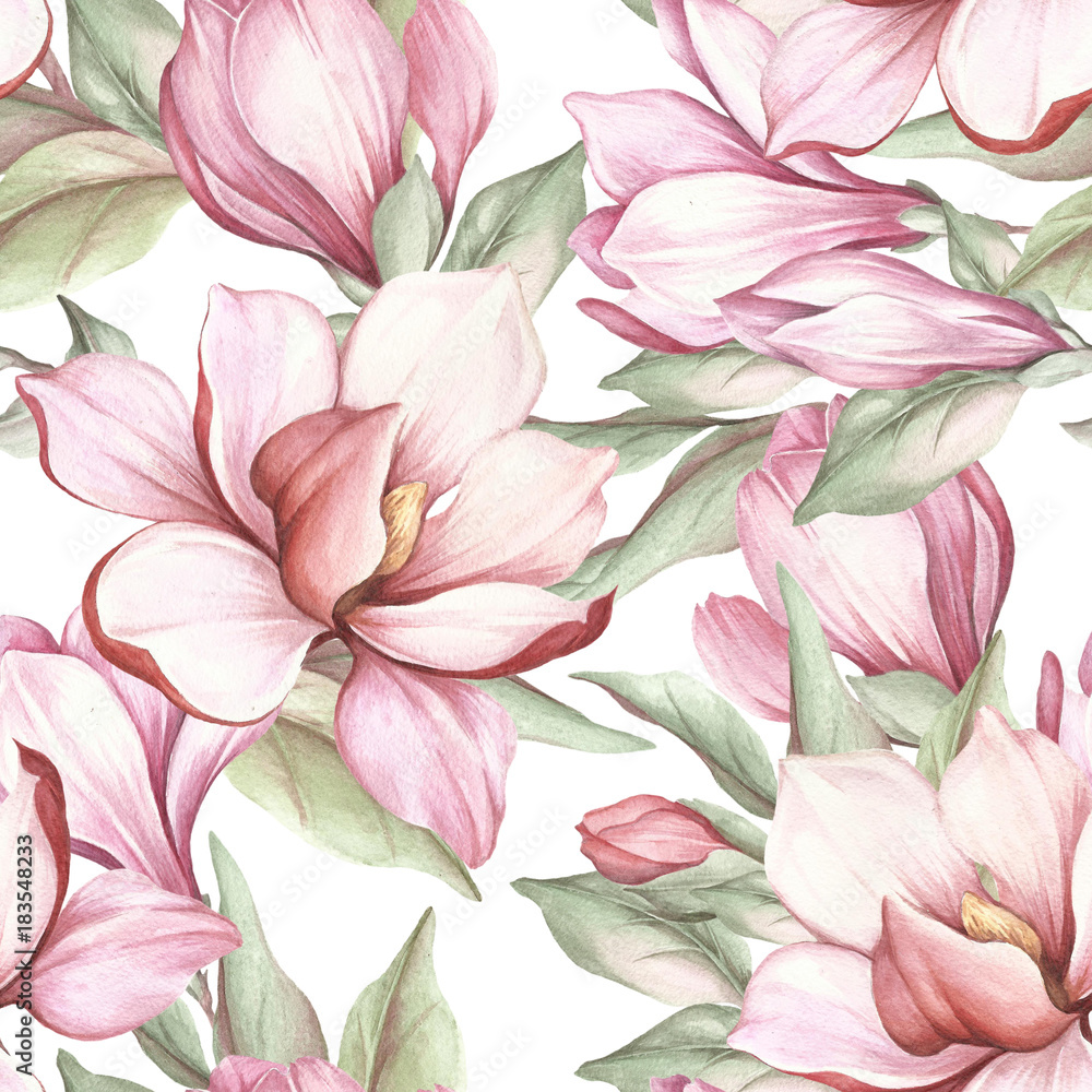 Naklejka Bezszwowy wzór z kwitnącą magnolią. Akwarela ilustracja