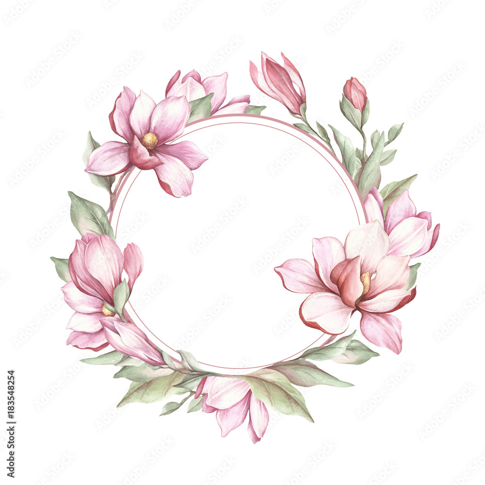 Naklejka premium Frame with blooming magnolia. Hand draw watercolor illustration