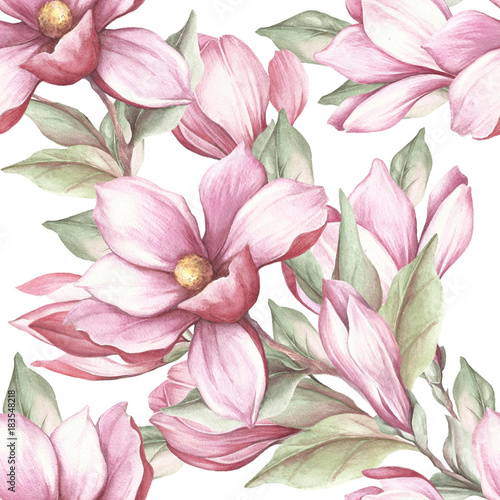 Seamless pattern with blooming magnolia. Watercolor illustration