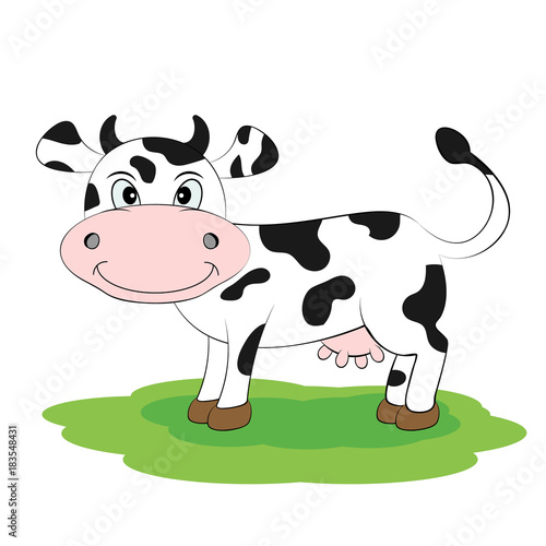 Cartoon cute cow is standing on the grass.