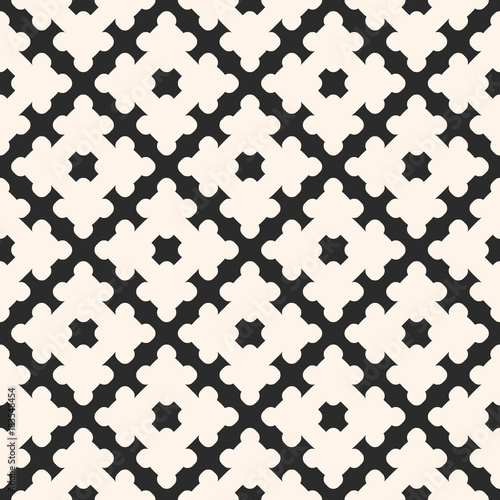 Simple monochrome vector geometric ornament, abstract seamless pattern with smooth floral shapes. Curved geometrical texture, black & white background, repeat tiles. Design for decor, fabric, textile