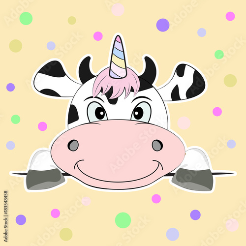 Cute fantasy cow unicorn. Greetihg card. Vector illustration.