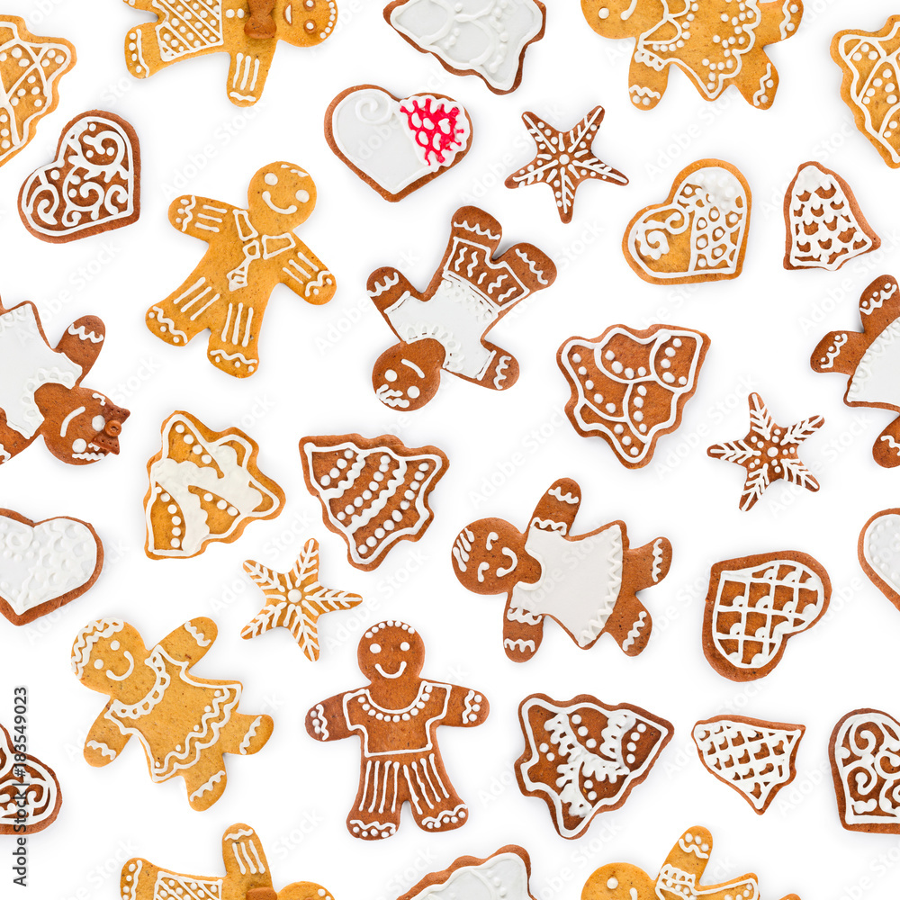 Seamless pattern square shape from Christmas gingerbreads and sweet cookies, isolated on white background Seamless pattern square shape from Christmas gingerbreads and sweet cookies, isolated on white background