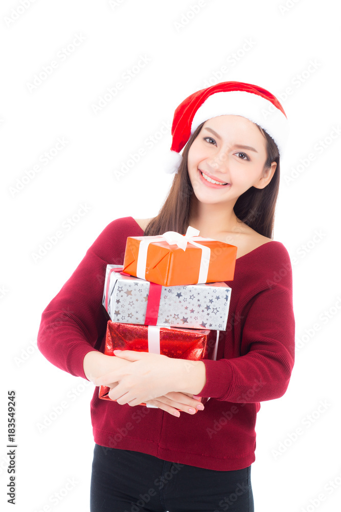 Happy asian woman with smile holding gift box many of xmas, Present girl with celebration christmas a holiday, girl with buyer isolated on white background, shopping with season concept. Happy asian woman with smile holding gift box many of xmas, Present girl with celebration christmas a holiday, girl with buyer isolated on white background, shopping with season concept.