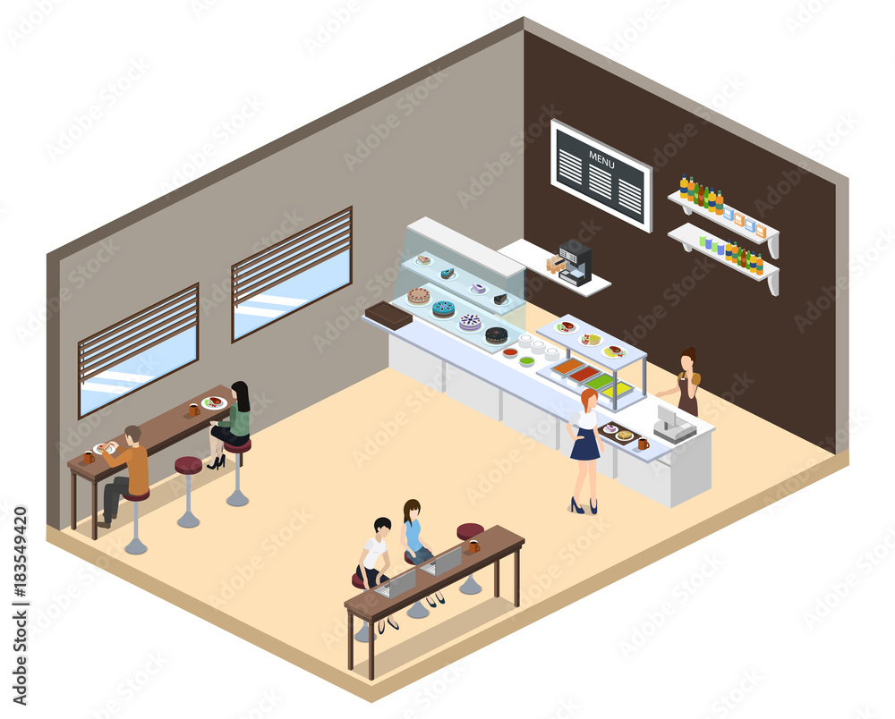 Isometric 3D vector illustration concept of confectionery or canteen with visitors Isometric 3D vector illustration concept of confectionery or canteen with visitors
