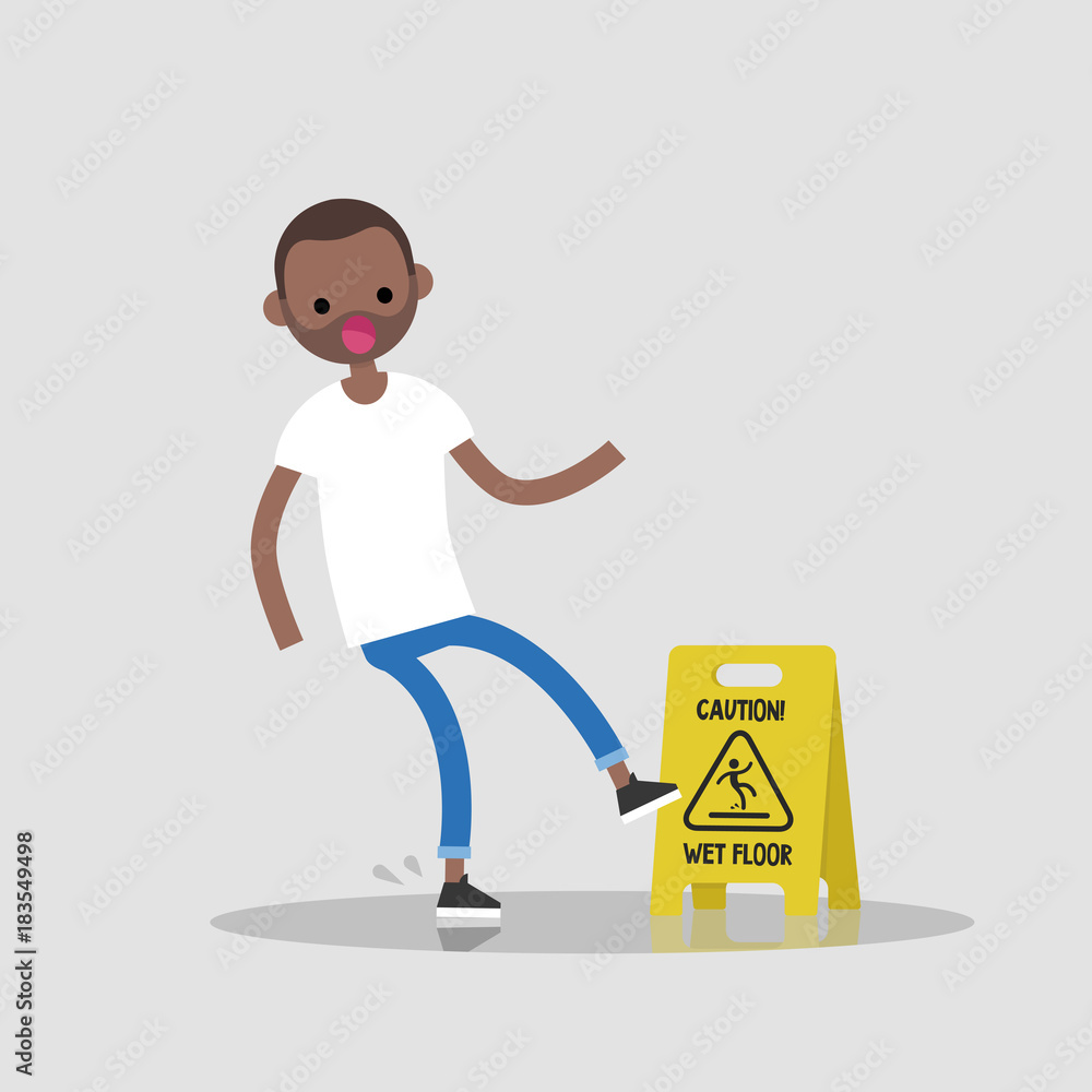 Caution, wet floor. Young black character slipped on a wet surface. Falling down. Flat editable vector illustration, clip art