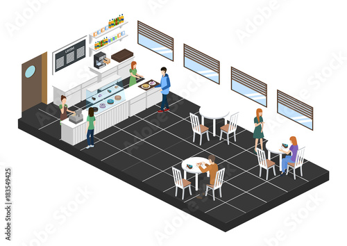 Isometric 3D vector illustration design interior coffee shop, coffee shop with waitresses and cakes