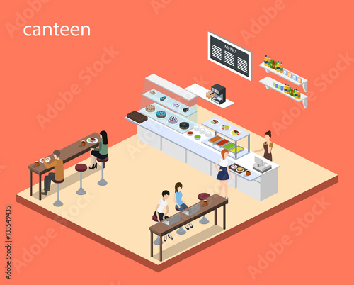 Isometric 3D vector illustration concept of coffee or canteen with visitors